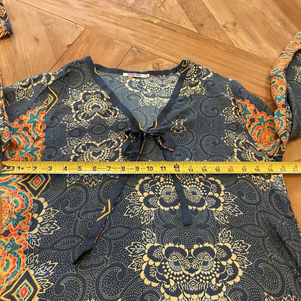Johnny Was Navy Multicolor Silk Boho Tunic Blouse Tie Front Long Sleeve‎ Small - Picture 6 of 7